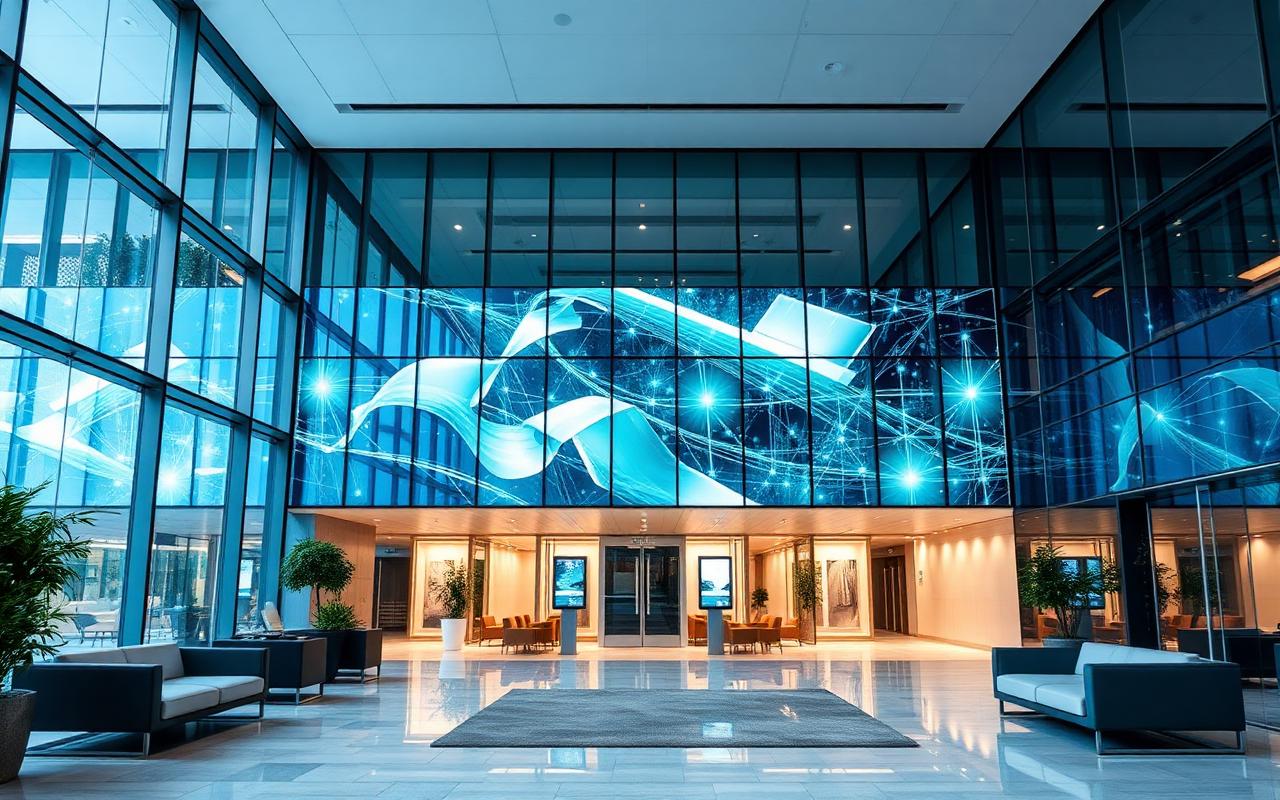 Modern company office reception with technology installations