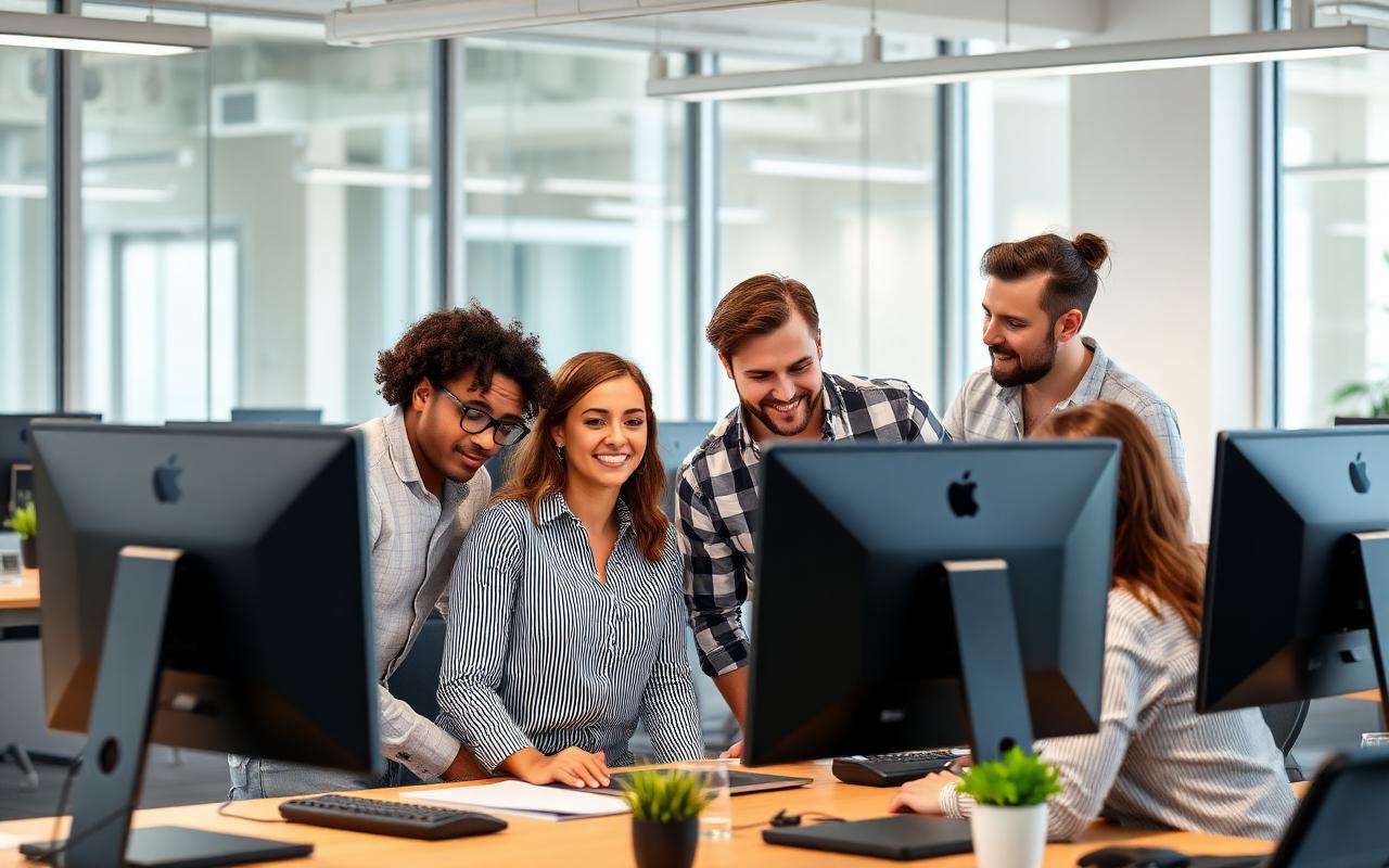 Engineering team reviewing code together in the office